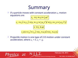 February 5-8, 2013
 If a particle moves with constant acceleration a, motion
equations are
 Projectile motion is one type of 2-D motion under constant
acceleration, where ax = 0, ay = -g.
Summary
j
t
a
t
v
y
i
t
a
t
v
x
j
y
i
x
r yi
yi
i
xi
xi
i
f
f
f
ˆ
)
(
ˆ
)
(
ˆ
ˆ 2
2
1
2
2
1









j
t
a
v
i
t
a
v
j
v
i
v
t
v y
iy
x
ix
fy
fx
f
ˆ
)
(
ˆ
)
(
ˆ
ˆ
)
( 






t
a
v
v i





2
2
1
t
a
t
v
r
r i
i
f







 