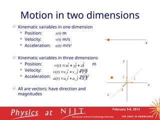 February 5-8, 2013
 Kinematic variables in one dimension
 Position: x(t) m
 Velocity: v(t) m/s
 Acceleration: a(t) m/s2
 Kinematic variables in three dimensions
 Position: m
 Velocity: m/s
 Acceleration: m/s2
 All are vectors: have direction and
magnitudes
Motion in two dimensions
k
v
j
v
i
v
t
v z
y
x
ˆ
ˆ
ˆ
)
( 



y
x
z
i
j
k
x
k
z
j
y
i
x
t
r ˆ
ˆ
ˆ
)
( 



k
a
j
a
i
a
t
a z
y
x
ˆ
ˆ
ˆ
)
( 



 