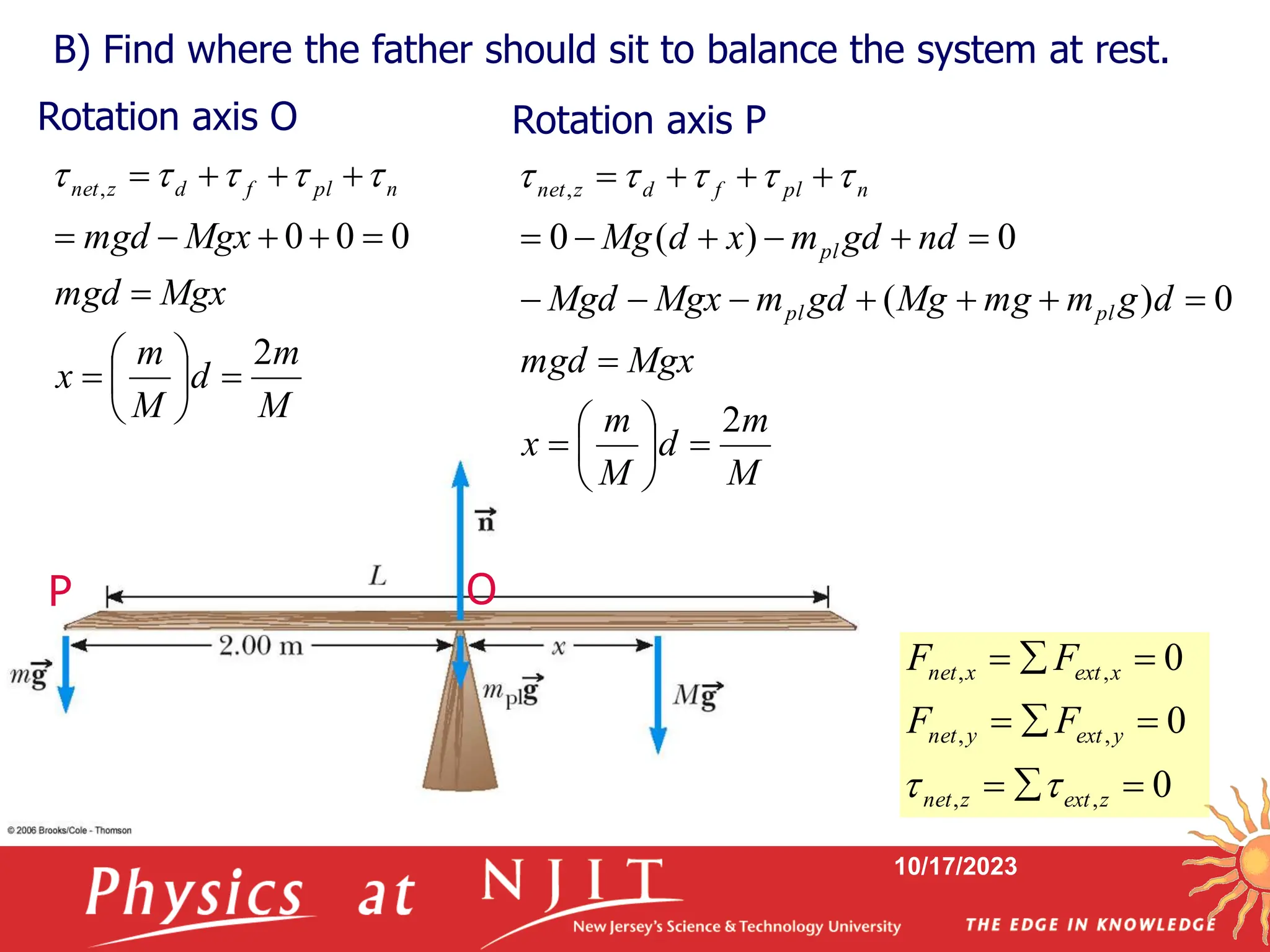 10/17/2023
M
m
d
M
m
x
Mgx
mgd
Mgx
mgd
n
pl
f
d
z
net
2
0
0
0
,

















 




0
0
0
,
,
,
,
,
,









z
ext
z
net
y
ext
y
net
x
ext
x
net
F
F
F
F


B) Find where the father should sit to balance the system at rest.
M
m
d
M
m
x
Mgx
mgd
d
g
m
mg
Mg
gd
m
Mgx
Mgd
nd
gd
m
x
d
Mg
pl
pl
pl
n
pl
f
d
z
net
2
0
)
(
0
)
(
0
,

























 




O
P
Rotation axis O Rotation axis P
 