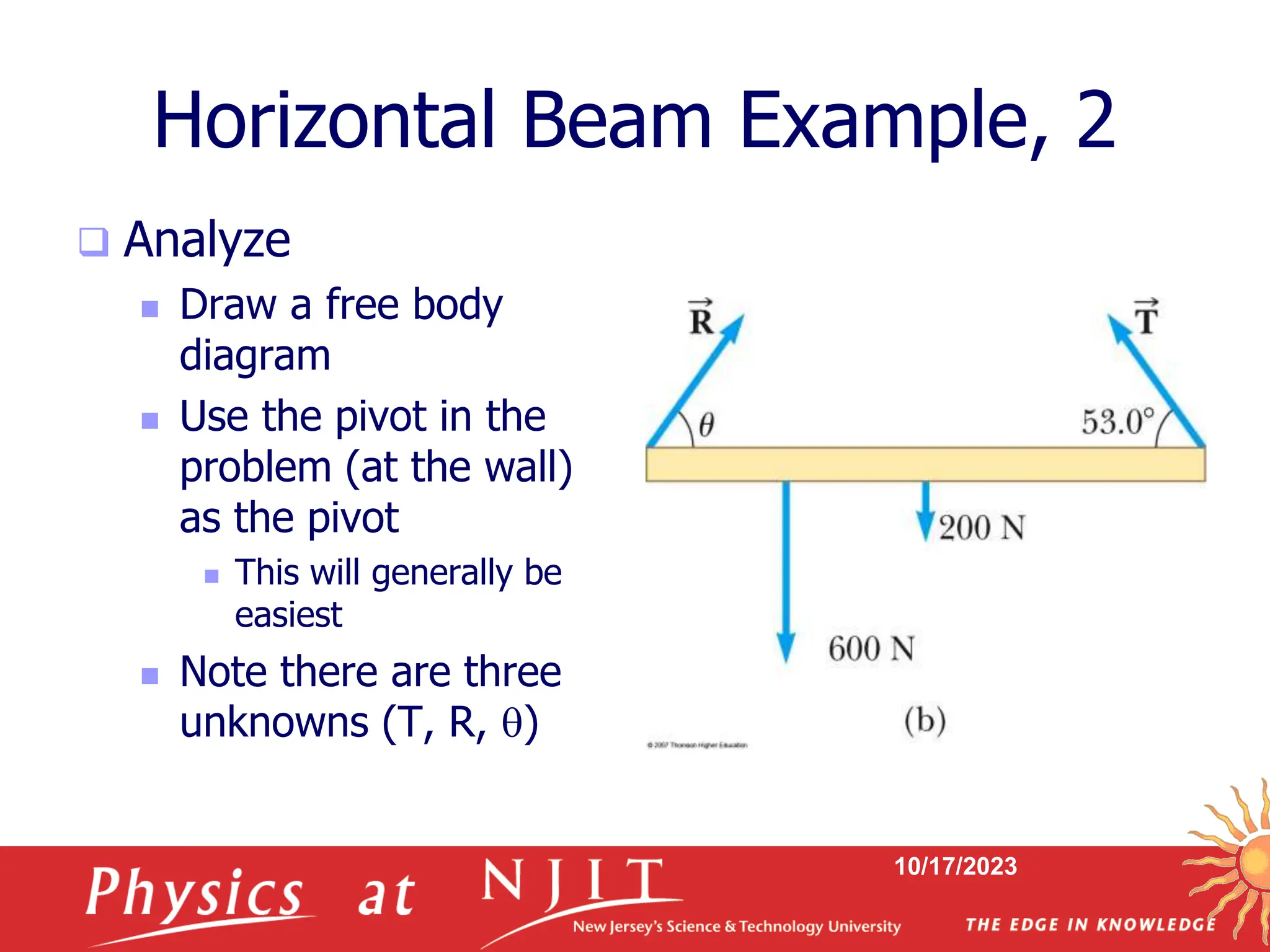10/17/2023
Horizontal Beam Example, 2
 Analyze
 Draw a free body
diagram
 Use the pivot in the
problem (at the wall)
as the pivot
 This will generally be
easiest
 Note there are three
unknowns (T, R, )
 