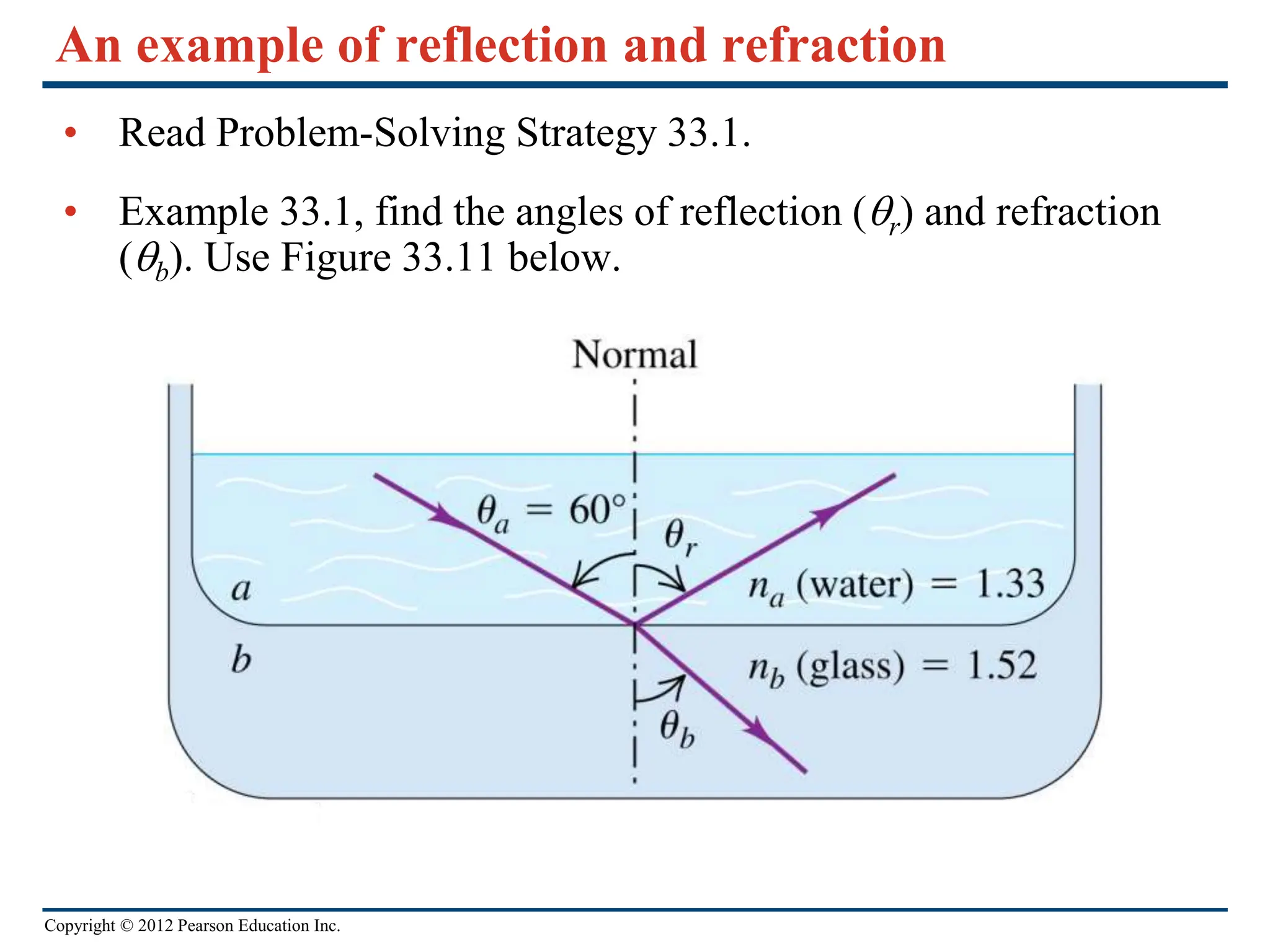 Copyright © 2012 Pearson Education Inc.
An example of reflection and refraction
• Read Problem-Solving Strategy 33.1.
• Example 33.1, find the angles of reflection (qr) and refraction
(qb). Use Figure 33.11 below.
 