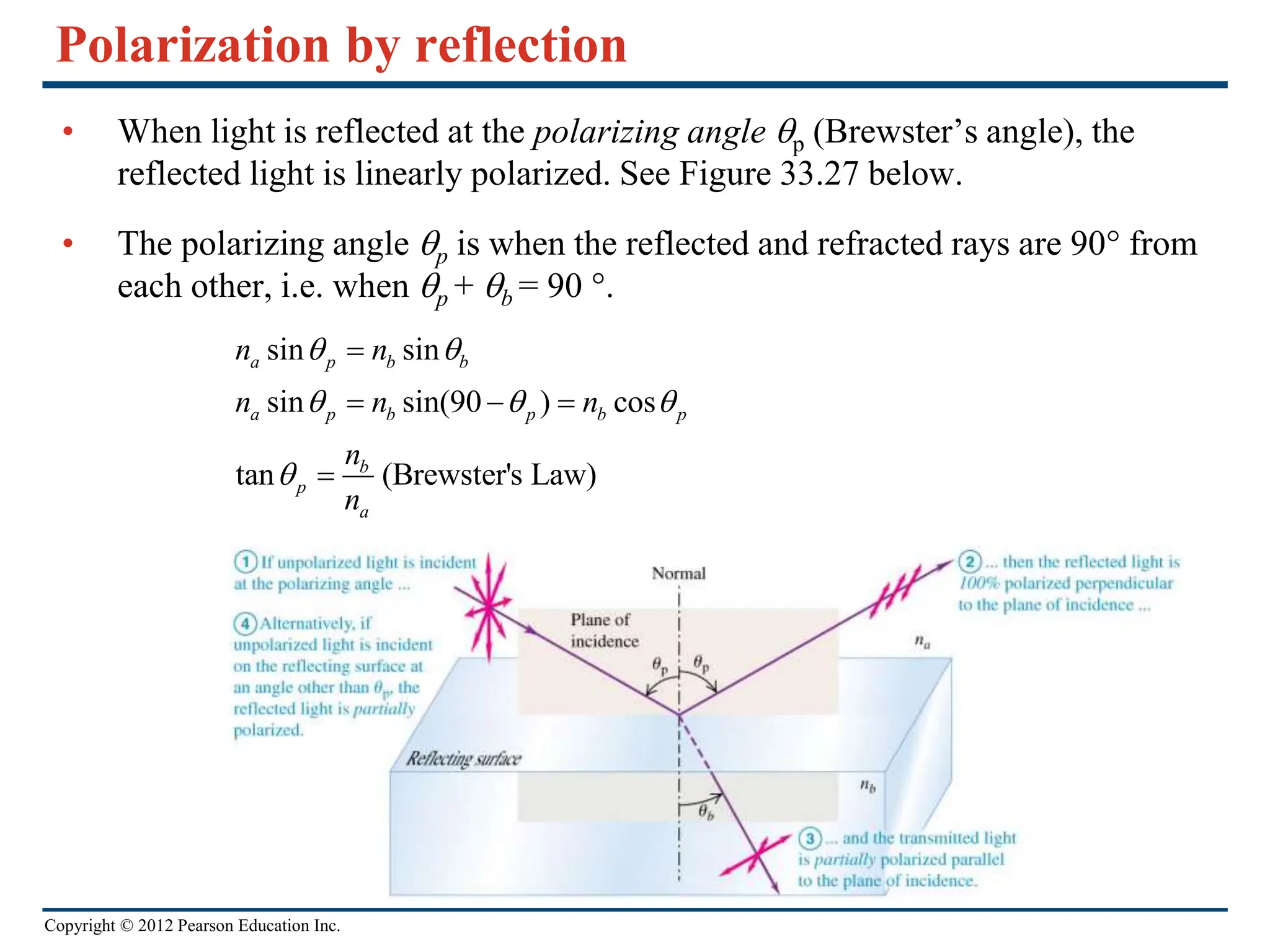 Copyright © 2012 Pearson Education Inc.
Polarization by reflection
• When light is reflected at the polarizing angle qp (Brewster’s angle), the
reflected light is linearly polarized. See Figure 33.27 below.
• The polarizing angle qp is when the reflected and refracted rays are 90° from
each other, i.e. when qp + qb = 90 °.
sin sin
sin sin(90 ) cos
tan (Brewster's Law)
a p b b
a p b p b p
b
p
a
n n
n n n
n
n
q q
q q q
q

  

 