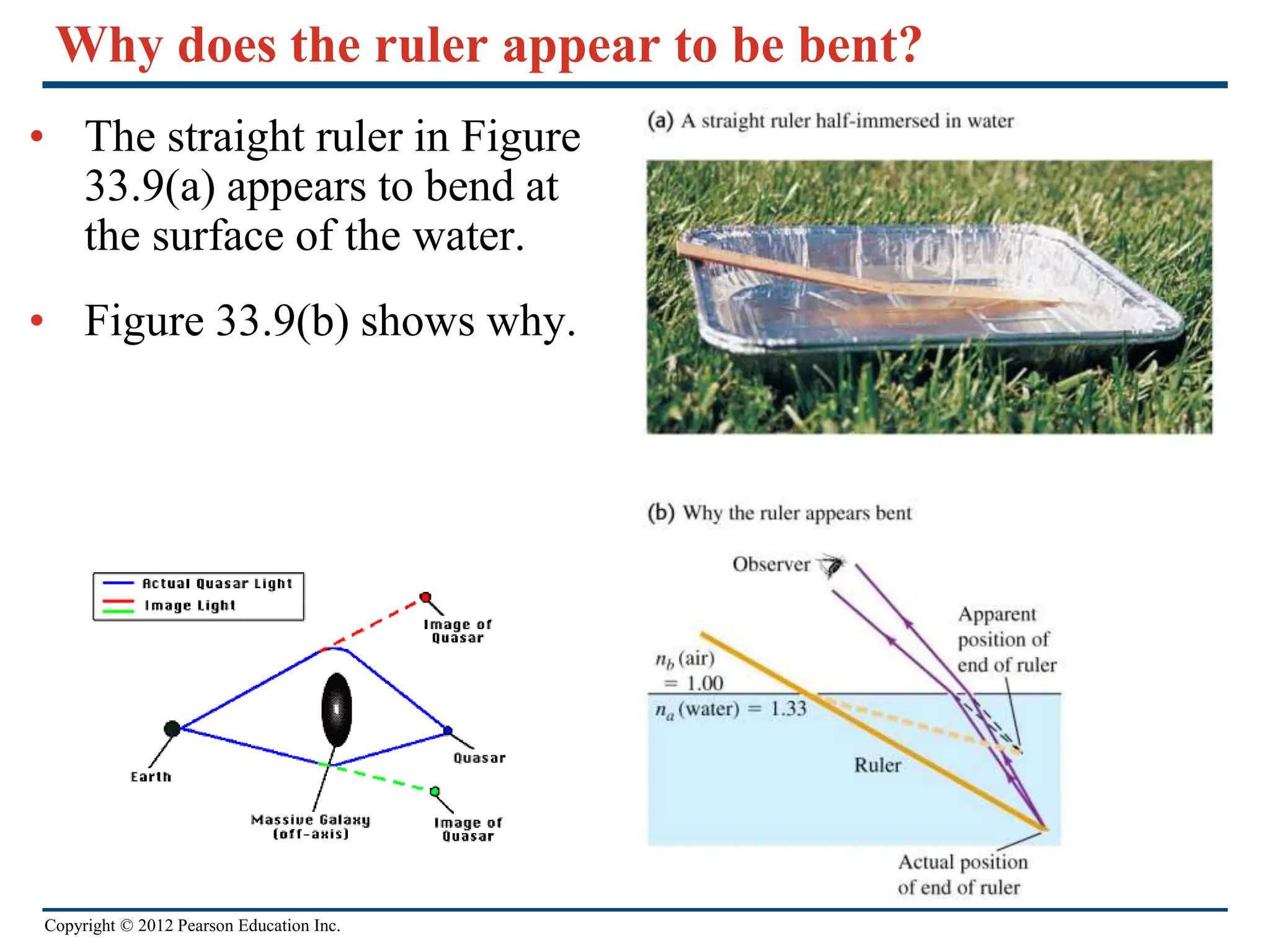 Copyright © 2012 Pearson Education Inc.
Why does the ruler appear to be bent?
• The straight ruler in Figure
33.9(a) appears to bend at
the surface of the water.
• Figure 33.9(b) shows why.
 