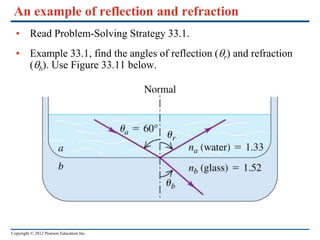 Copyright © 2012 Pearson Education Inc.
An example of reflection and refraction
• Read Problem-Solving Strategy 33.1.
• Example 33.1, find the angles of reflection (qr) and refraction
(qb). Use Figure 33.11 below.
 