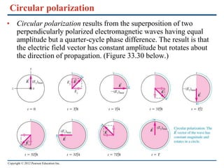 Copyright © 2012 Pearson Education Inc.
Circular polarization
• Circular polarization results from the superposition of two
perpendicularly polarized electromagnetic waves having equal
amplitude but a quarter-cycle phase difference. The result is that
the electric field vector has constant amplitude but rotates about
the direction of propagation. (Figure 33.30 below.)
 