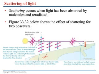 Copyright © 2012 Pearson Education Inc.
Scattering of light
• Scattering occurs when light has been absorbed by
molecules and reradiated.
• Figure 33.32 below shows the effect of scattering for
two observers.
 