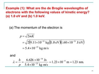 Example (1): What are the de Broglie wavelengths of 
electrons with the following values of kinetic energy? 
(a) 1.0 eV and (b) 1.0 keV. 
(a) The momentum of the electron is 
p  2 
mK 
  31    
31 
 
   
2 9.11 10 kg 1.0 eV 1.60 10 J/eV 
25 
 
  
5.4 10 kg m/s 
and 
34 
6.626 10 Js 9 
1.23 10 m 1.23 nm. 
25 
5.4 10 kg m/s 
   
 
 
h 
   
 
 
p 
 
19 
 