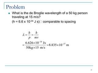 21 
Problem 
 What is the de Broglie wavelength of a 50 kg person 
traveling at 15 m/s? 
(h = 6.6 x 10-34 J s) comparable to spacing 
34 
h 
h 
6.626 10 Js 37 
8.835 10 m 
 
50kg 15 m/s 
 
 
  
 
 
  
mv 
p 
 
 