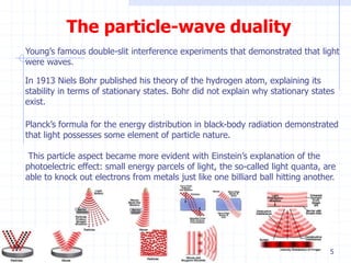 The particle-wave duality 
Young’s famous double-slit interference experiments that demonstrated that light 
were waves. 
In 1913 Niels Bohr published his theory of the hydrogen atom, explaining its 
stability in terms of stationary states. Bohr did not explain why stationary states 
exist. 
Planck’s formula for the energy distribution in black-body radiation demonstrated 
that light possesses some element of particle nature. 
This particle aspect became more evident with Einstein’s explanation of the 
photoelectric effect: small energy parcels of light, the so-called light quanta, are 
able to knock out electrons from metals just like one billiard ball hitting another. 
5 
 
