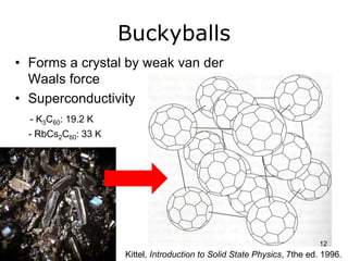 Buckyballs 
• Forms a crystal by weak van der 
Waals force 
• Superconductivity 
- K3C60: 19.2 K 
- RbCs2C60: 33 K 
12 
Kittel, Introduction to Solid State Physics, 7the ed. 1996. 
 