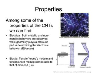 Properties 
Among some of the 
properties of the CNTs 
we can find: 
• Electrical: Both metallic and non-metallic 
behaviors are observed, 
while geometry plays a profound 
part in determining the electronic 
behavior. (Ebbesen) 
• Elastic: Tensile Young’s module and 
torsion shear module comparable to 
that of diamond (Lu). 
http://www.studentsoftheworld.info/sites/family/img/27335_Electricity.jpg 
http://www.nanoshel.com/research-center/wp-content/uploads/2009/01/ballistic-impact.jpg 
 