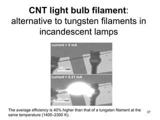CNT light bulb filament: 
alternative to tungsten filaments in 
incandescent lamps 
The average efficiency is 40% higher than that of a tungsten filament at the 
same temperature (1400–2300 K). 
37 
 