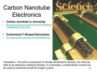 Carbon Nanotube 
Electronics 
• Carbon nanotube in microchip 
• http://www.youtube.com/watch?v=74YkJYT7Uj4&mod 
e=related&search=Nanotube 
• Customized Y-Shaped Nanotubes 
• http://www.youtube.com/watch?v=SGWHBQQKmOs 
Transistors – the active component of virtually all electronic devices, are what we 
refer to as electronic switching devices. In a transistor, a small electric current can 
be used to control the on/off of a larger current. 41 
 