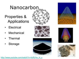 Nanocarbon 
Properties & 
Applications 
• Electrical 
• Mechanical 
• Thermal 
• Storage 
http://www.youtube.com/watch?v=4yRjYiw_H_s 
8 
 