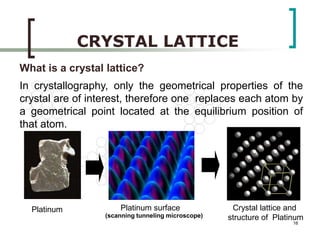 16 
CRYSTAL LATTICE 
What is a crystal lattice? 
In crystallography, only the geometrical properties of the 
crystal are of interest, therefore one replaces each atom by 
a geometrical point located at the equilibrium position of 
that atom. 
Platinum Platinum surface Crystal lattice and 
(scanning tunneling microscope) structure of Platinum 
 