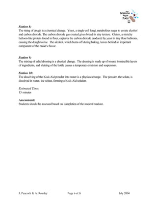 Station 8:
The rising of dough is a chemical change. Yeast, a single-cell fungi, metabolizes sugar to create alcohol
and carbon dioxide. The carbon dioxide gas created gives bread its airy texture. Gluten, a stretchy
balloon-like protein found in flour, captures the carbon dioxide produced by yeast in tiny flour balloons,
causing the dough to rise. The alcohol, which burns off during baking, leaves behind an important
component of the bread's flavor.


Station 9:
The mixing of salad dressing is a physical change. The dressing is made up of several immiscible layers
of ingredients, and shaking of the bottle causes a temporary emulsion and suspension.

Station 10:
The dissolving of the Kool-Aid powder into water is a physical change. The powder, the solute, is
dissolved in water, the solute, forming a Kool-Aid solution.

Estimated Time:
15 minutes

Assessment:
Students should be assessed based on completion of the student handout.




J. Peacock & A. Rowley                     Page 6 of 20                                  July 2004
 