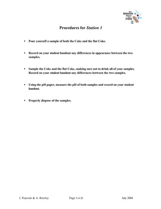 Procedures for Station 3


   •   Pour yourself a sample of both the Coke and the flat Coke.


   •   Record on your student handout any differences in appearance between the two
       samples.


   •   Sample the Coke and the flat Coke, making sure not to drink all of your samples.
       Record on your student handout any differences between the two samples.


   •   Using the pH paper, measure the pH of both samples and record on your student
       handout.


   •   Properly dispose of the samples.




J. Peacock & A. Rowley               Page 9 of 20                            July 2004
 