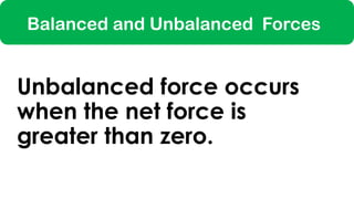 Balanced and Unbalanced Forces
Unbalanced force occurs
when the net force is
greater than zero.
 