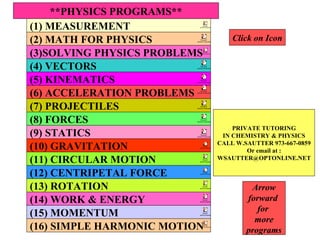 **PHYSICS PROGRAMS** (4) VECTORS (2) MATH FOR PHYSICS (5) KINEMATICS (6) ACCELERATION PROBLEMS (7) PROJECTILES (8) FORCES (9) STATICS (10) GRAVITATION (11) CIRCULAR MOTION (12) CENTRIPETAL FORCE (13) ROTATION (14) WORK & ENERGY (15) MOMENTUM (16) SIMPLE HARMONIC MOTION (1) MEASUREMENT PRIVATE TUTORING IN CHEMISTRY & PHYSICS CALL W.SAUTTER 973-667-0859 Or email at : [email_address] Arrow forward  for  more programs Click on Icon (3)SOLVING PHYSICS PROBLEMS 