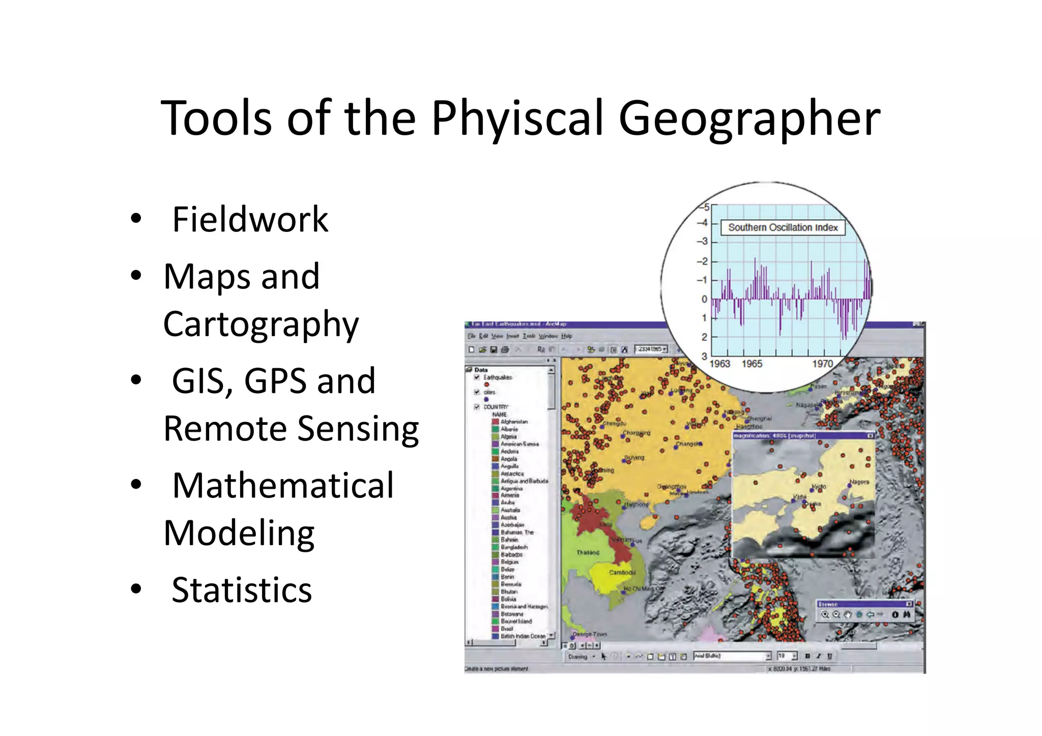 Tools of the Phyiscal Geographer
• Fieldwork
• Maps and
Cartography
• GIS, GPS and
Remote Sensing
• Mathematical
Modeling
• Statistics
 