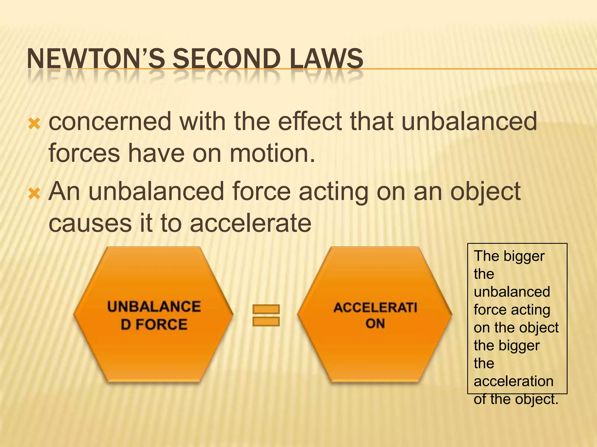 Newton’s Second Lawsconcerned with the effect that unbalanced forces have on motion. An unbalanced force acting on an object causes it to accelerateThe bigger the unbalanced force acting on the object the bigger the acceleration of the object.UNBALANCED FORCEACCELERATION