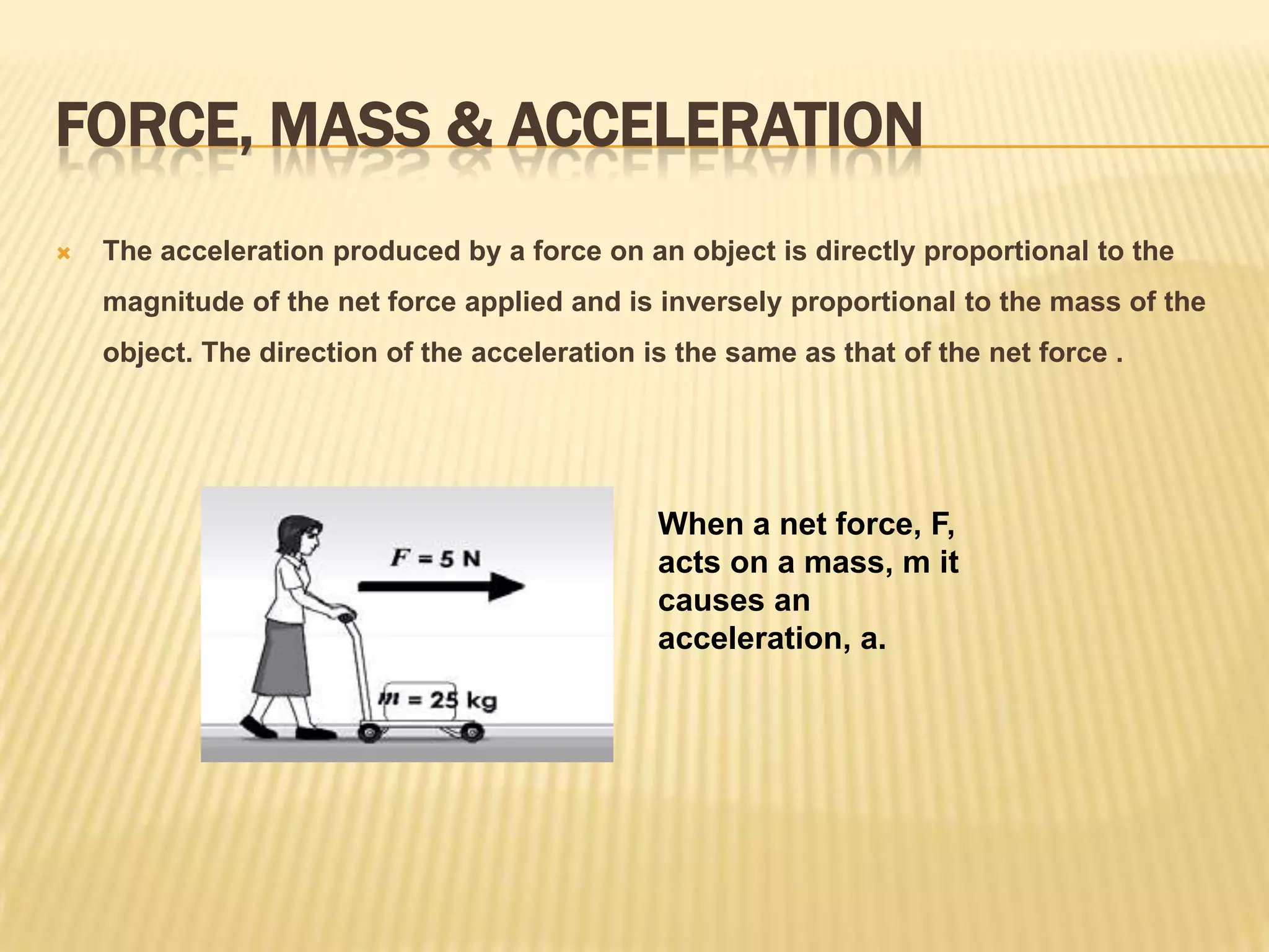 Force, Mass & Acceleration The acceleration produced by a force on an object is directly proportional to the magnitude of the net force applied and is inversely proportional to the mass of the object. The direction of the acceleration is the same as that of the net force .When a net force, F, acts on a mass, m it causes an acceleration, a. 	