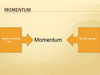momentum=Mass x velocity = mvSI unit: kg ms-1 Momentum