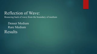 Reflection of Wave:
Bouncing back of wave from the boundary of medium
Denser Medium
Rare Medium
Results
 