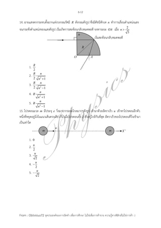 6-12

14. ฉายแสงตกกระทบตั้งฉากแท่งวงกลมรัศมี          R   ดังกลมดังรูป ซึ่งมีดัชนีหักเห   n   ทาการเลื่อนตาแหน่งแสง
                                                                                                       2
จนกระทั่งตาแหน่งของแสงดังรูป เริ่มเกิดการสะท้อนกลับหมดพอดี จงหาระยะ                 OA    เมื่อ   n
                                                                                                        3
                                                                      เริ่มสะท้อนกลับหมดพอดี




          R
         1.
          2
          R n
       2.
          2 n2  1

       3. R n
          2 n2  1

       4. R n
             n2  1
       5. R n
             n2  1
15. โปรตอนมวล m มีประจุ e         วิ่งมาจากระยะไกลมากๆดังรูป เข้ามาด้วยอัตราเร็ว u เข้าหาโปรตอนอีกตัว
หนึ่งที่หยุดอยู่นิ่งในแนวเส้นตรงเดียวกัน เมื่อโปรตอนทั้ง 2 ตัวอยู่ใกล้กันที่สุด อัตราเร็วของโปรตอนที่วิ่งเข้ามา
เป็นเท่าใด



         1.   0
              u
         2.
              2
               u
         3.
                2
                u
         4.   
                2
                 u
         5.   
                  2




From : Oblivious72 จุดประสงค์ของการจัดทา เพื่อการศึกษา ไม่ใช่เพื่อการค้าขาย ความรู้ทางฟิสิกส์ไม่ใช่การค้า :)
 