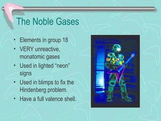 The Noble Gases
• Elements in group 18
• VERY unreactive,
monatomic gases
• Used in lighted “neon”
signs
• Used in blimps to fix the
Hindenberg problem.
• Have a full valence shell.
 