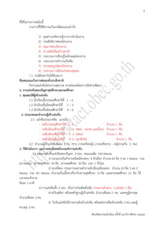 7


ที่ได้ในรายการต่อไปนี้
          รายการที่ใช้พิจารณาในกรณีคะแนนเท่ากัน

                  1) คุณค่า/องค์ความรู้จากการดาเนินงาน
                  2) ประสิทธิภาพของโครงงาน
                  3) คุณภาพของโครงงาน
                  4) ความคิดริเริ่มสร้างสรรค์
                  5) กระบวนการเรียนรู้ในลักษณะโครงงาน
                  6) กระบวนการทางานเป็นทีม
                  7) ความสมบูรณ์ของโครงงาน
                  8) กระบวนการมีส่วนร่วมของชุมชน
         7.3 กรณียังเท่ากันให้จับฉลาก
ข้อเสนอแนะในการต่อยอดในระดับชาติ
         กิจกรรมแข่งขันโครงงานสุขภาพ ควรต่อยอดโดยการจัดค่ายพัฒนา
3. การแข่งขันตอบปัญหาสุขศึก ษาและพลศึก ษา
1. คุณสมบัติผู้เข้าแข่งขัน
         1.1 นักเรียนชั้นประถมศึกษาปีที่ 1 – 6
         1.2 นักเรียนชั้นมัธยมศึกษาปีที่ 1 – 3
         1.3 นักเรียนชั้นมัธยมศึกษาปีที่ 4 – 6
  2. ประเภทและจานวนผู้เข้า แข่งขัน
           2.1 แข่งขันประเภททีม แบ่งเป็น
                   - ระดับประถมศึกษาปีที่ 1- 6                              จานวน 1 ทีม
                   - ระดับมัธยมศึกษาปีที่ 1- 3 (สพป. เอกชน และอื่นๆ) จานวน 1 ทีม
                   - ระดับมัธยมศึกษาปีที่ 1- 3 (สพม.)                       จานวน 1 ทีม
                   - ระดับมัธยมศึกษาปีที่ 4- 6 (ทุกสังกัด)                            จานวน 1 ทีม
         2.2 จานวนผู้เข้าแข่งขันทีมละ 2 คน (ชาย 2 คนหรือหญิง 2 คนหรือชาย – หญิงรวมกัน 2 คน)
3. วิธีดาเนินการ และรายละเอียดหลั กเกณฑ์ การแข่งขัน
             3.1 แต่ละระดับชั้นแข่งขันตอบปัญหา 2 รอบ คะแนนเต็ม 100 คะแนน
                           1) รอบแรกเป็นคาถามชนิดเลือกตอบ 4 ตัวเลือก จานวน 60 ข้อ ๆ ละ 1 คะแนน รวม
60 คะแนน (สาระสุขศึกษา 30 ข้อ , สาระพลศึกษา 30 ข้อ) เวลา 1 ชั่วโมง
                           2) รอบทีสอง กรรมการจะถามคาถามนักเรียนเขียนตอบ จานวน 20 ข้อ ๆ ละ 2
                                     ่
คะแนน รวม 40 คะแนน คาถามเป็นเนื้อหาเกี่ยวกับสาระสุขศึกษา 10 ข้อ และสาระพลศึกษา 10 ข้อ ใช้
เวลาตอบคาถาม
ข้อละ 1 นาที
                   3) การแข่งขันทั้ง 2 รอบ เป็นการร่วมคิดเป็นทีม (กระดาษคาตอบ 1 แผ่นต่อ 1 ทีม)
                           4) ส่งใบสมัคร พร้อมหลักฐานผู้เข้าแข่งขัน จานวนทีมละ 2 คน และครูผู้ควบคุม
จานวนทีมละ 2 คน
                           5) ในวันแข่งขันให้รายงานตัวเข้าแข่งขัน พร้อมส่งรายชื่อเข้าแข่งขัน 2 คน และผู้
ควบคุม 2 คน
                                                            ศิลปหัตถกรรมนักเรียน ครั้งที่ ๖๒ ปีการศึกษา ๒๕๕๕
 