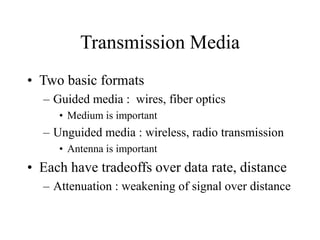 Transmission Media
• Two basic formats
– Guided media : wires, fiber optics
• Medium is important
– Unguided media : wireless, radio transmission
• Antenna is important
• Each have tradeoffs over data rate, distance
– Attenuation : weakening of signal over distance
 