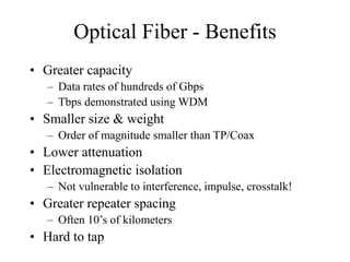 Optical Fiber - Benefits
• Greater capacity
– Data rates of hundreds of Gbps
– Tbps demonstrated using WDM
• Smaller size & weight
– Order of magnitude smaller than TP/Coax
• Lower attenuation
• Electromagnetic isolation
– Not vulnerable to interference, impulse, crosstalk!
• Greater repeater spacing
– Often 10’s of kilometers
• Hard to tap
 