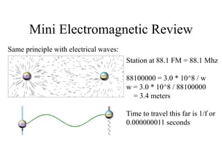 Mini Electromagnetic Review
Same principle with electrical waves:
Station at 88.1 FM = 88.1 Mhz
88100000 = 3.0 * 10^8 / w
w = 3.0 * 10^8 / 88100000
= 3.4 meters
Time to travel this far is 1/f or
0.000000011 seconds
 