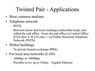Twisted Pair - Applications
• Most common medium
• Telephone network
– POTS
– Between house and local exchange (subscriber loop), also
called the end office. From the end office to Central Office
(CO) class 4  CO class 1 via Public Switched Telephone
Network (PSTN)
• Within buildings
– To private branch exchange (PBX)
• For local area networks (LAN)
– 10Mbps or 100Mbps
– Possible to rev up to 1Gbps – Gigabit Ethernet
 