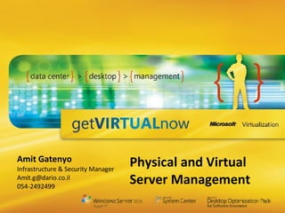 Amit Gatenyo Infrastructure & Security Manager [email_address] 054-2492499 Physical and Virtual Server Management 