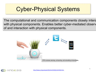 Cyber-Physical Systems
The computational and communication components closely intera
with physical components. Enables better cyber-mediated observ
of and interaction with physical components.




                                 CPS involves sensing, computing, and actuating components




                                                                                             8
                   http://www.nsf.gov/pubs/2013/nsf13502/nsf13502.htm
 