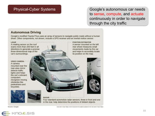 33
Physical-Cyber Systems Google’s autonomous car needs
to sense, compute, and actuate
continuously in order to navigate
through the city traffic
 