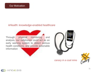 Through physical monitoring and
analysis, our cellphones could act
as an early warning system to
detect serious health
conditions, and provide actionable
information
canary in a coal mine
kHealth: knowledge-enabled healthcare
70
Our Motivation
 