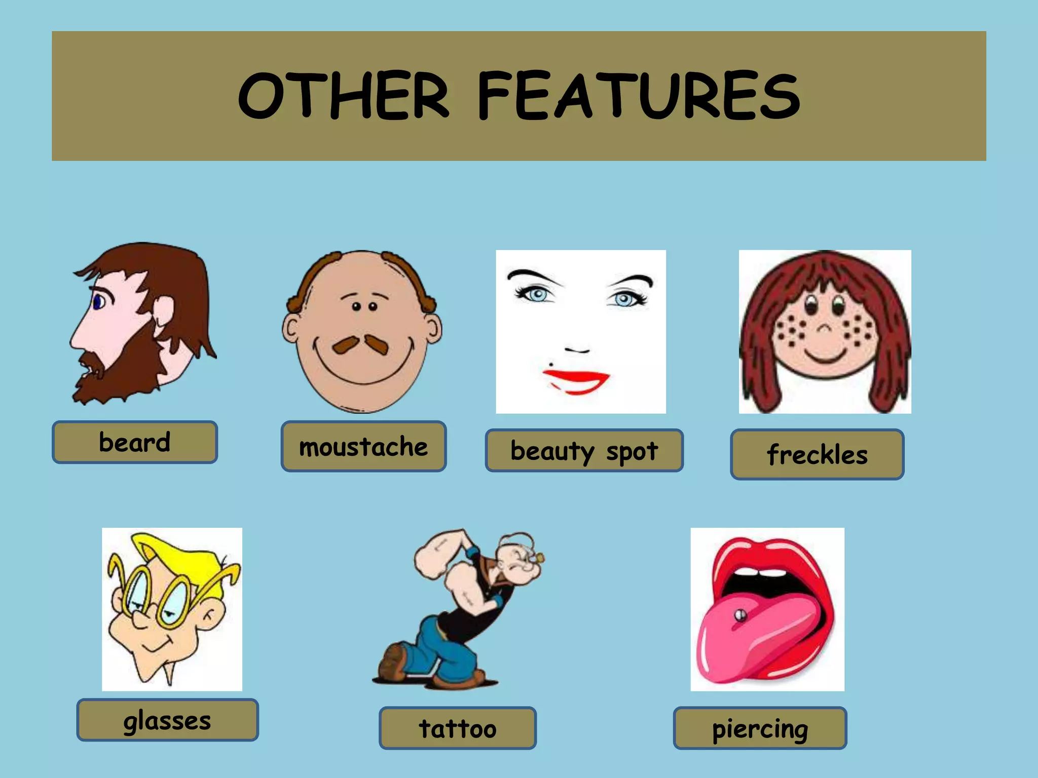 OTHER FEATURES
beard moustache beauty spot freckles
glasses tattoo piercing