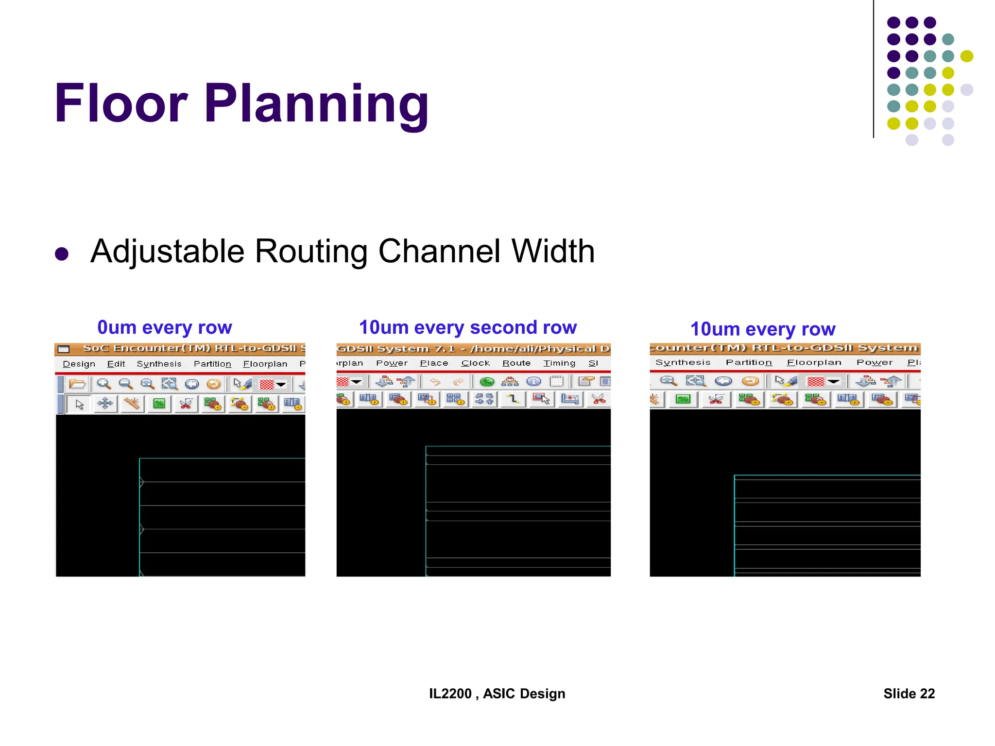 IL2200 , ASIC Design Slide 22
Floor Planning
0um every row 10um every row
10um every second row
 Adjustable Routing Channel Width
 