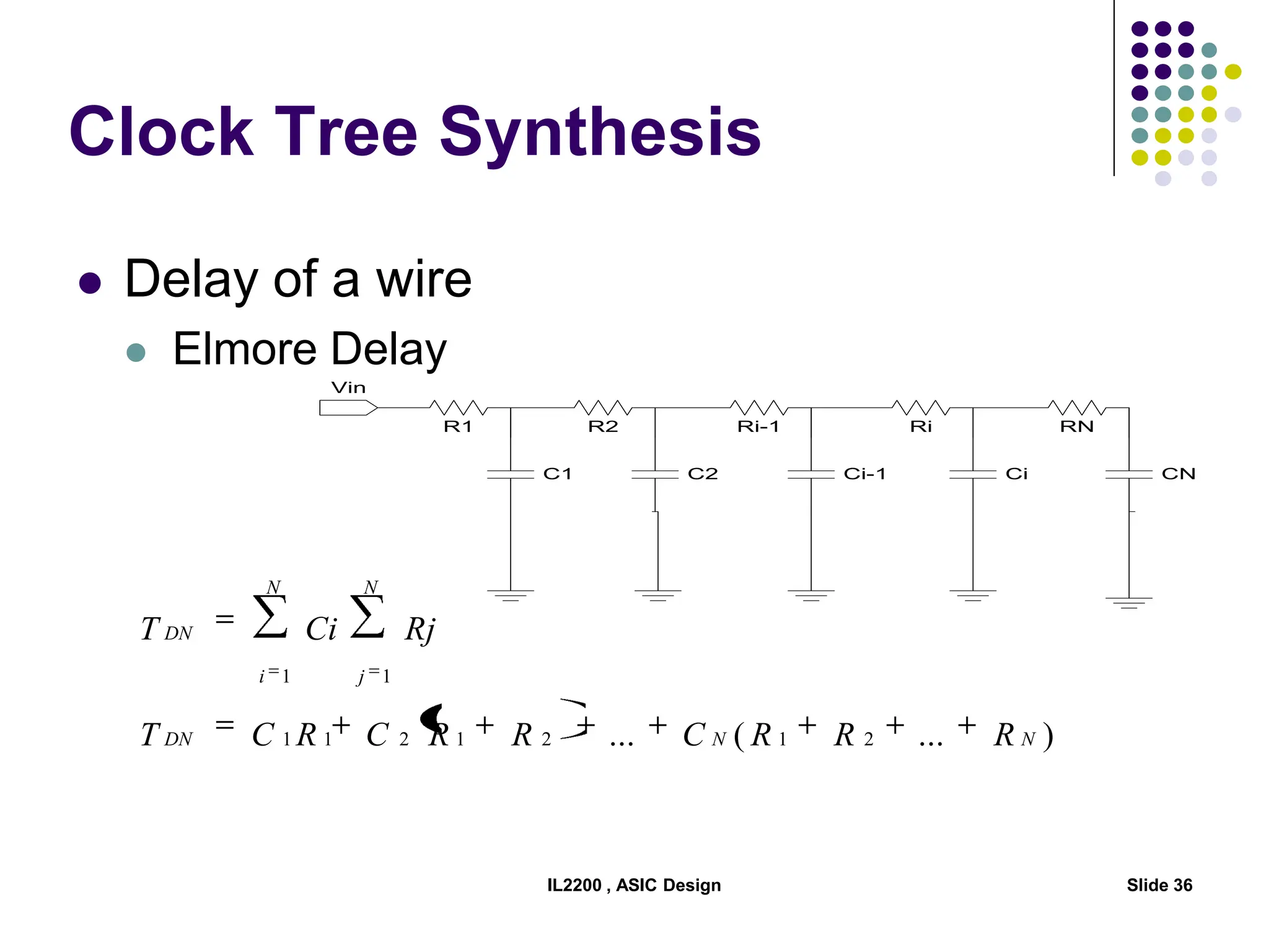 IL2200 , ASIC Design Slide 36
Clock Tree Synthesis
R1
Vin
C1
R2
C2
Ri-1
Ci-1
Ri
Ci
RN
CN
)
...
(
... 2
1
2
1
2
1
1
1
1
N
N
DN
N
j
N
i
DN
R
R
R
C
R
R
C
R
C
T
Rj
Ci
T
 Delay of a wire
 Elmore Delay
 