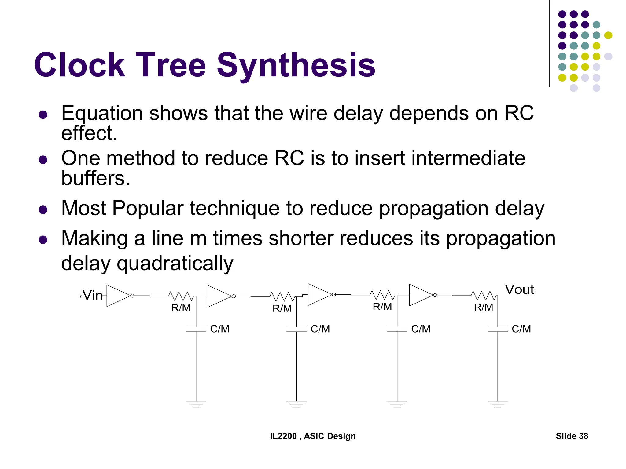 IL2200 , ASIC Design Slide 38
Clock Tree Synthesis
 Equation shows that the wire delay depends on RC
effect.
 One method to reduce RC is to insert intermediate
buffers.
 Most Popular technique to reduce propagation delay
 Making a line m times shorter reduces its propagation
delay quadratically
R/M R/M R/M R/M
Vin Vout
C/M C/M C/M C/M
 