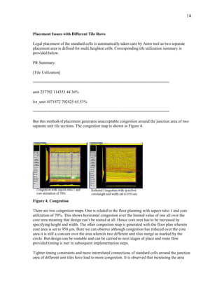 14
Placement Issues with Different Tile Rows
Legal placement of the standard cells is automatically taken care by Astro tool as two separate
placement area is defined for multi heighten cells. Corresponding tile utilization summary is
provided below.
PR Summary:
[Tile Utilization]
============================================================
unit 257792 114353 44.36%
lvt_unit 1071872 702425 65.53%
============================================================
But this method of placement generates unacceptable congestion around the junction area of two
separate unit tile sections. The congestion map is shown in Figure 4.
Figure 4. Congestion
There are two congestion maps. One is related to the floor planning with aspect ratio 1 and core
utilization of 70%. This shows horizontal congestion over the limited value of one all over the
core area meaning that design can’t be routed at all. Hence core area has to be increased by
specifying height and width. The other congestion map is generated with the floor plan wherein
core area is set to 950 µm. Here we can observe although congestion has reduced over the core
area it is still a concern over the area wherein two different unit tiles merge as marked by the
circle. But design can be routable and can be carried to next stages of place and route flow
provided timing is met in subsequent implementation steps.
Tighter timing constraints and more interrelated connections of standard cells around the junction
area of different unit tiles have lead to more congestion. It is observed that increasing the area
 