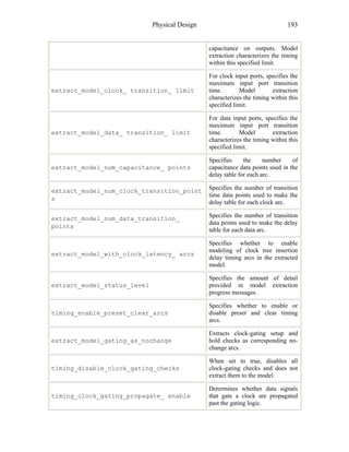 Physical Design 193
capacitance on outputs. Model
extraction characterizes the timing
within this specified limit.
extract_model_clock_ transition_ limit
For clock input ports, specifies the
maximum input port transition
time. Model extraction
characterizes the timing within this
specified limit.
extract_model_data_ transition_ limit
For data input ports, specifies the
maximum input port transition
time. Model extraction
characterizes the timing within this
specified limit.
extract_model_num_capacitance_ points
Specifies the number of
capacitance data points used in the
delay table for each arc.
extract_model_num_clock_transition_point
s
Specifies the number of transition
time data points used to make the
delay table for each clock arc.
extract_model_num_data_transition_
points
Specifies the number of transition
data points used to make the delay
table for each data arc.
extract_model_with_clock_latency_ arcs
Specifies whether to enable
modeling of clock tree insertion
delay timing arcs in the extracted
model.
extract_model_status_level
Specifies the amount of detail
provided in model extraction
progress messages.
timing_enable_preset_clear_arcs
Specifies whether to enable or
disable preset and clear timing
arcs.
extract_model_gating_as_nochange
Extracts clock-gating setup and
hold checks as corresponding no-
change arcs.
timing_disable_clock_gating_checks
When set to true, disables all
clock-gating checks and does not
extract them to the model.
timing_clock_gating_propagate_ enable
Determines whether data signals
that gate a clock are propagated
past the gating logic.
 