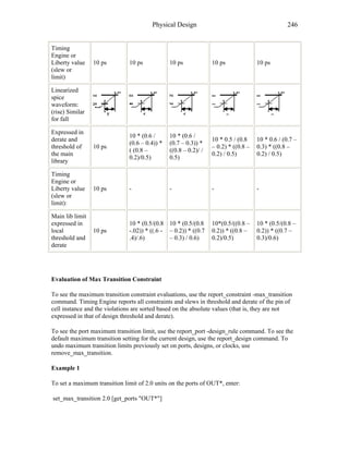 Physical Design 246
Timing
Engine or
Liberty value
(slew or
limit)
10 ps 10 ps 10 ps 10 ps 10 ps
Linearized
spice
waveform:
(rise) Similar
for fall
Expressed in
derate and
threshold of
the main
library
10 ps
10 * (0.6 /
(0.6 – 0.4)) *
( (0.8 –
0.2)/0.5)
10 * (0.6 /
(0.7 – 0.3)) *
((0.8 – 0.2)/ /
0.5)
10 * 0.5 / (0.8
– 0.2) * ((0.8 –
0.2) / 0.5)
10 * 0.6 / (0.7 –
0.3) * ((0.8 –
0.2) / 0.5)
Timing
Engine or
Liberty value
(slew or
limit):
10 ps - - - -
Main lib limit
expressed in
local
threshold and
derate
10 ps
10 * (0.5/(0.8
-.02)) * ((.6 -
.4)/.6)
10 * (0.5/(0.8
– 0.2)) * ((0.7
– 0.3) / 0.6)
10*(0.5/((0.8 –
0.2)) * ((0.8 –
0.2)/0.5)
10 * (0.5/(0.8 –
0.2)) * ((0.7 –
0.3)/0.6)
Evaluation of Max Transition Constraint
To see the maximum transition constraint evaluations, use the report_constraint -max_transition
command. Timing Engine reports all constraints and slews in threshold and derate of the pin of
cell instance and the violations are sorted based on the absolute values (that is, they are not
expressed in that of design threshold and derate).
To see the port maximum transition limit, use the report_port -design_rule command. To see the
default maximum transition setting for the current design, use the report_design command. To
undo maximum transition limits previously set on ports, designs, or clocks, use
remove_max_transition.
Example 1
To set a maximum transition limit of 2.0 units on the ports of OUT*, enter:
set_max_transition 2.0 [get_ports "OUT*"]
 