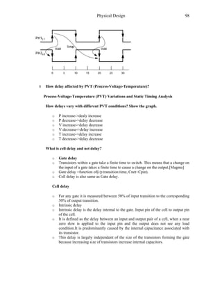 Physical Design 98
1 How delay affected by PVT (Process-Voltage-Temperature)?
Process-Voltage-Temperature (PVT) Variations and Static Timing Analysis
How delays vary with different PVT conditions? Show the graph.
o P increase->dealy increase
o P decrease->delay decrease
o V increase->delay decrease
o V decrease->delay increase
o T increase->delay increase
o T decrease->delay decrease
What is cell delay and net delay?
o Gate delay
o Transistors within a gate take a finite time to switch. This means that a change on
the input of a gate takes a finite time to cause a change on the output.[Magma]
o Gate delay =function of(i/p transition time, Cnet+Cpin).
o Cell delay is also same as Gate delay.
Cell delay
o For any gate it is measured between 50% of input transition to the corresponding
50% of output transition.
o Intrinsic delay
o Intrinsic delay is the delay internal to the gate. Input pin of the cell to output pin
of the cell.
o It is defined as the delay between an input and output pair of a cell, when a near
zero slew is applied to the input pin and the output does not see any load
condition.It is predominantly caused by the internal capacitance associated with
its transistor.
o This delay is largely independent of the size of the transistors forming the gate
because increasing size of transistors increase internal capacitors.
 