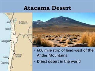Atacama Desert




  • 600 mile strip of land west of the
    Andes Mountains
  • Driest desert in the world
 