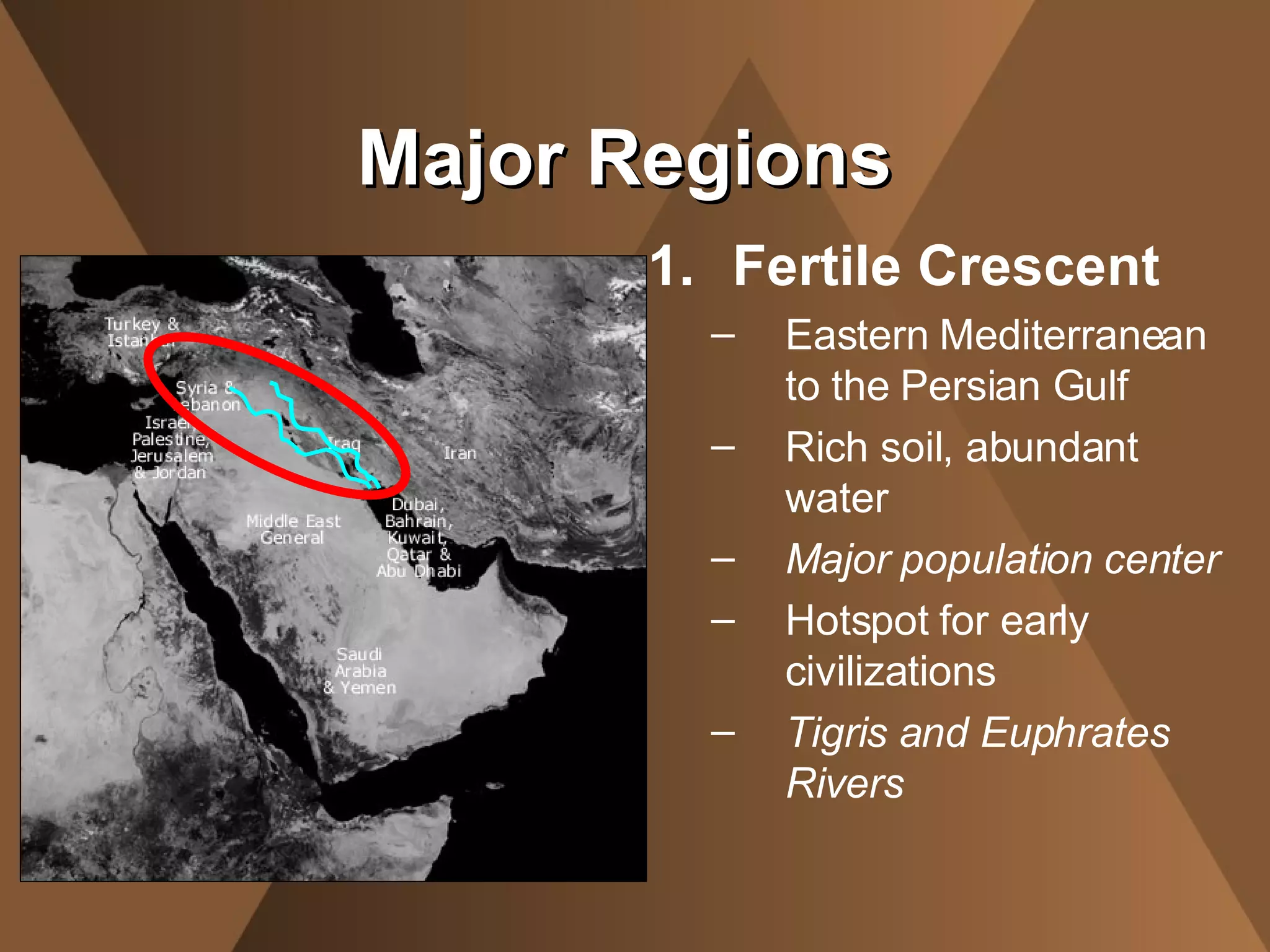 Fertile Crescent Eastern Mediterranean to the Persian Gulf Rich soil, abundant water Major population center Hotspot for early civilizations Tigris and Euphrates Rivers Major Regions 