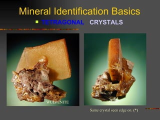 Mineral Identification Basics TETRAGONAL  CRYSTALS   WULFENITE  Same crystal seen edge on.  (*) 